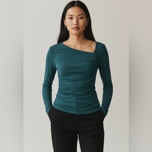 Staccato Teal Asymmetrical Ruched Top Size M Long Sleeve Stretch